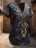 Western Wind Tribal Feather Gem V-neck Short-sleeved T-shirt elevenforest