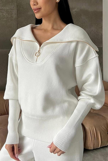 Color Long-sleeved Zip-up Sweatshirt and Elastic Waist Loose Pocket Pants Set