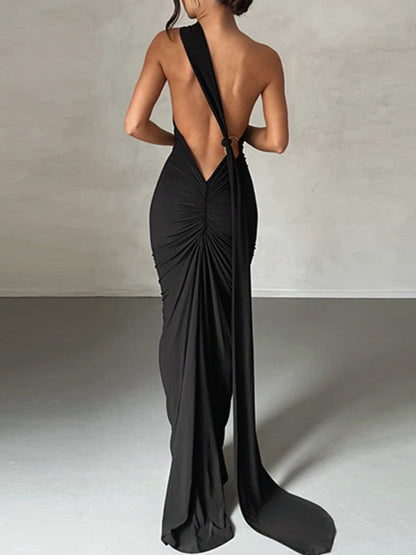 Black Backless Pleated Slim Fit Sleeveless Maxi Dress