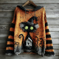 Halloween Black Cat And Castle Embroidered Knitted Warm Hooded Sweater elevenforest