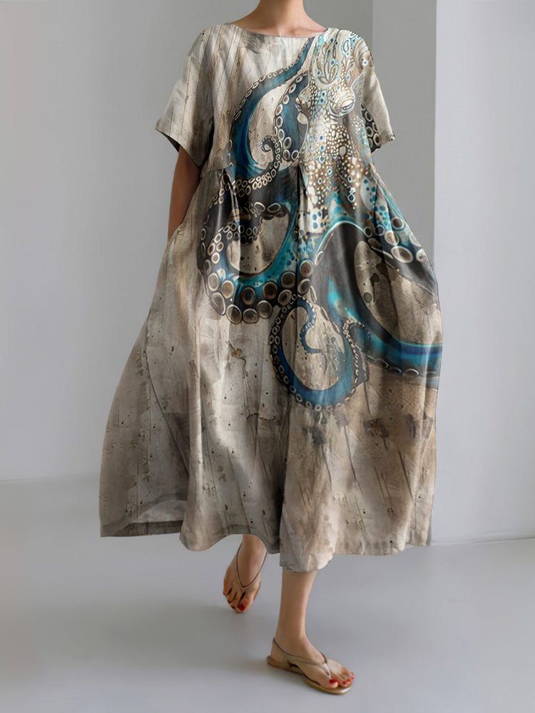Vintage Octopus Art Print Short Sleeve Loose Midi Dress