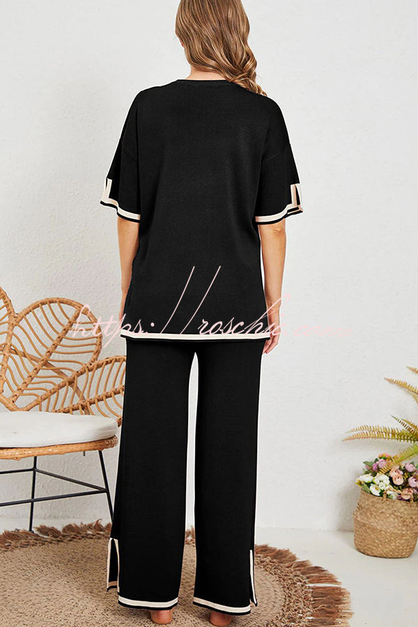 Lounge or Wear Knit Patchwork Color Block Short Sleeve Top and Elastic Wide Leg Pants
