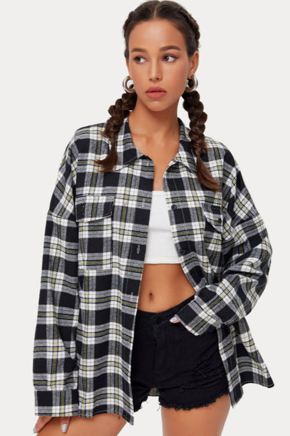 Plaid Stand Collar Button Shirt Blouse