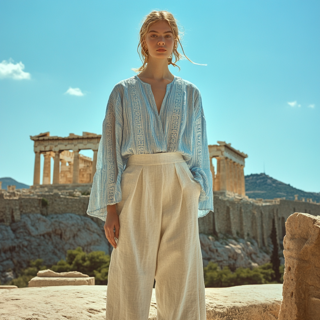 Greek Key Linen Women's V-neck Shirt elevenforest