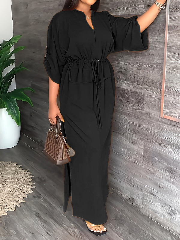 Loose Drawstring Color Split-side V-neck Maxi Dresses