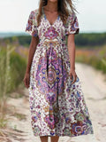Women's Ethnic Totem Print V-neck Short-sleeved Pocket Cotton Dress