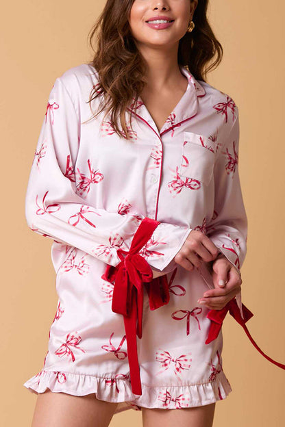 Christmas Printed Bow Tie Top and Elastic Waist Ruffle Shorts Set