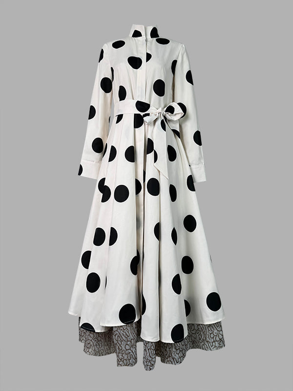 A-line High Waisted Belted Lace-up Pockets Polka Dot Split-joint Stand Collar Maxi Dresses