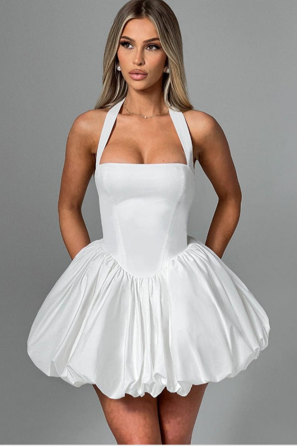 Halter Tie Bow Puffy Hem Mini Dress