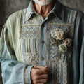 Boho Vintage Lace Floral Patchwork Art Men's Linen Long Sleeve Shirt elevenforest