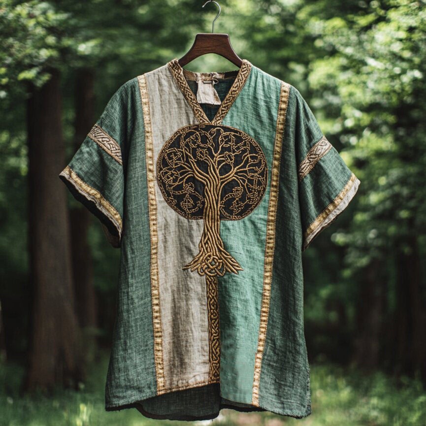 Men's Viking Celtic Knot Tree Of Life Art  Patchwork Linen T Shirt elevenforest