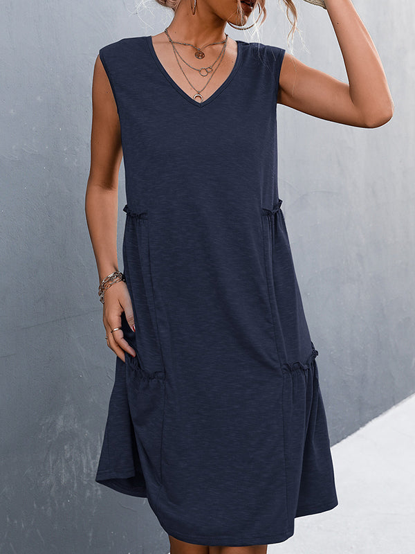 A-line Loose Pleated Color Split-joint V-neck Midi Dresses
