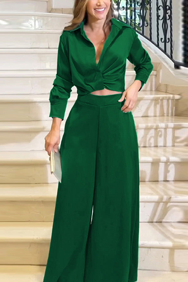 Satin Color Lapel Long Sleeve Blouse and Loose-fitting Pocket Wide Leg Pants Set