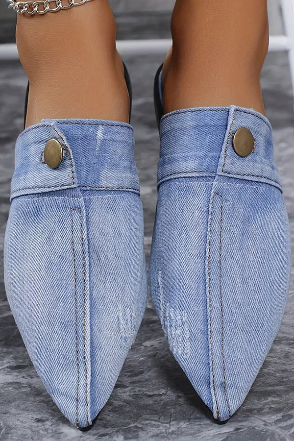 Flat Pointed Toe Denim Slippers