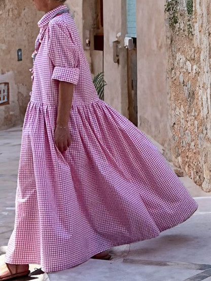 Long Sleeves Loose Buttoned Plaid Pleated Split-joint Lapel Maxi Dresses