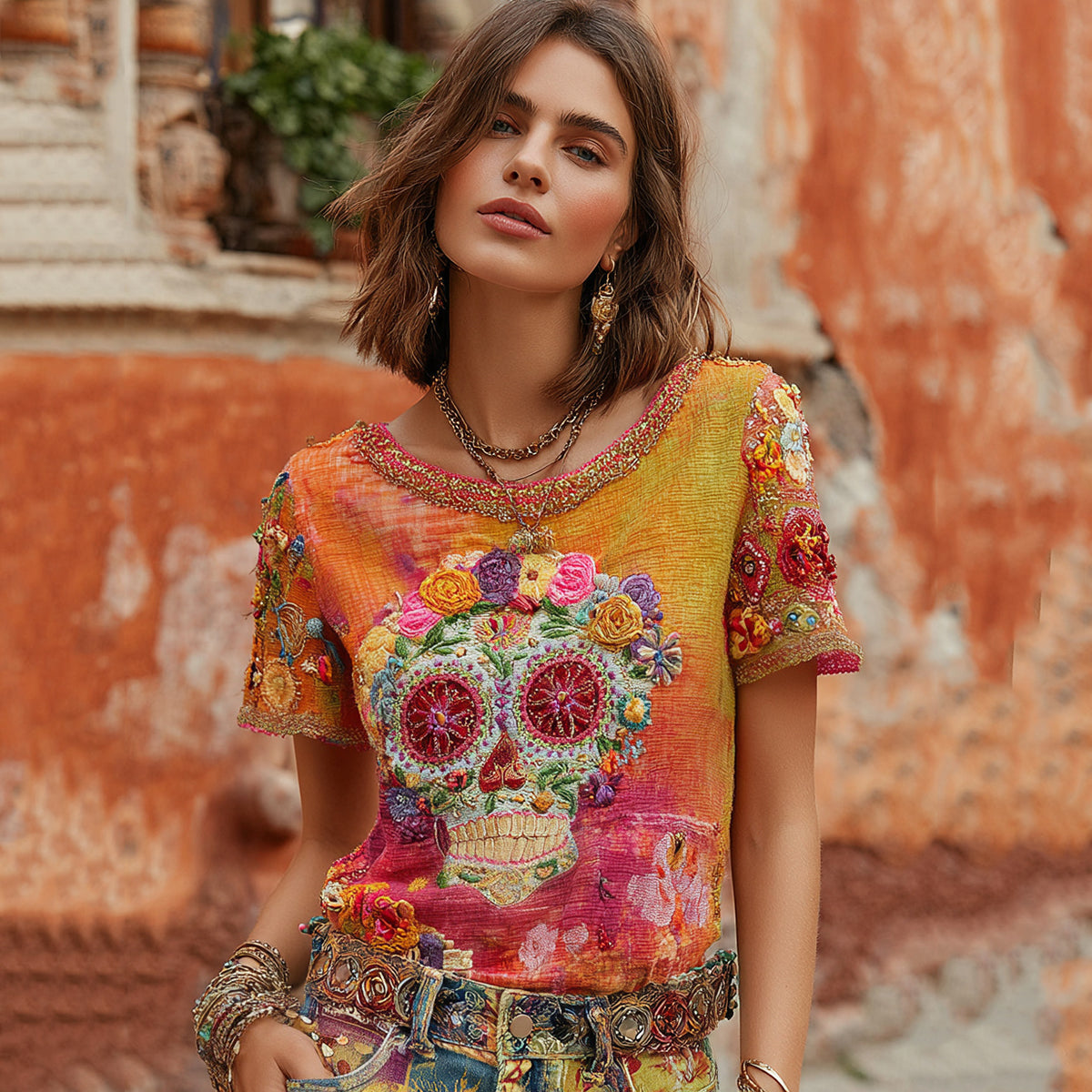 Women's Classic Mexican Sugar Skeleton Catrina Day Of The Dead Inspired Painting Embroidered Casual Linen T-shirt elevenforest