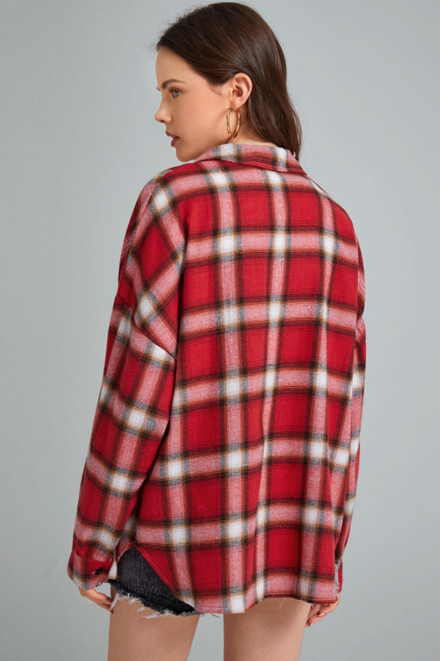 Plaid Stand Collar Button Shirt Blouse