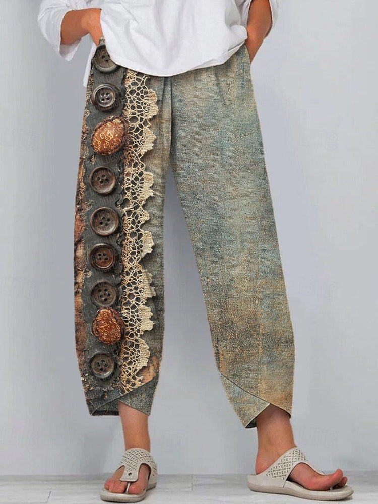 Vintage Lace Button Design Linen Blend Pants elevenforest