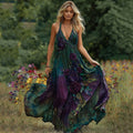Vintage Purple Floral Embroidered Gradient Art Linen Maxi Dress elevenforest