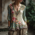 Women's Vintage Cherry Blossom Embroidery Casual Shirt elevenforest