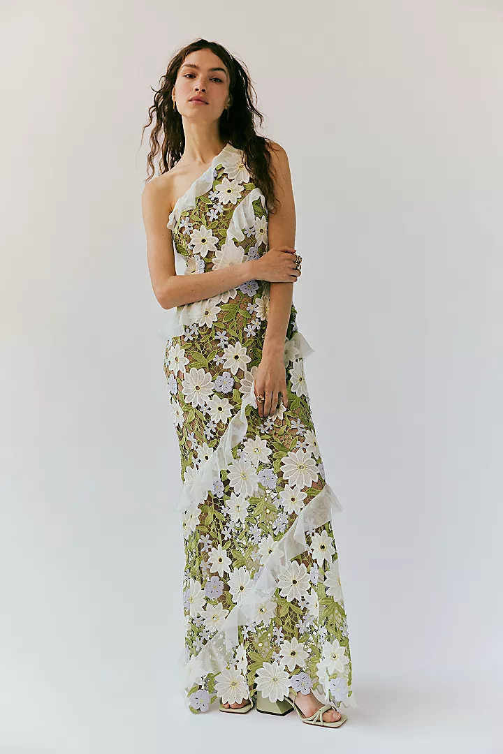 Melissa One Shoulder Embroidered Maxi Dress