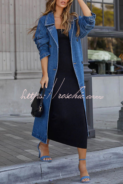 Color Denim Double Pocket Button Down Midi Trench Coat