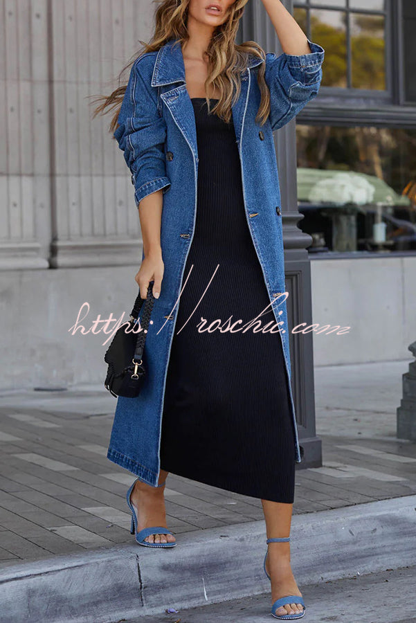 Color Denim Double Pocket Button Down Midi Trench Coat