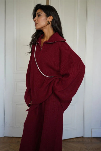 Angora Red Half-zip Knit Two Piece Set