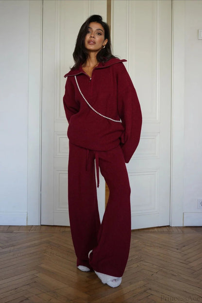 Angora Red Half-zip Knit Two Piece Set