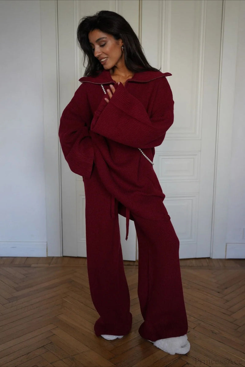 Angora Red Half-zip Knit Two Piece Set