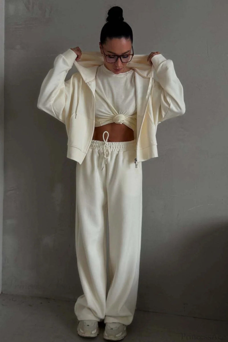 Zip Hooded Embroidered Sweatpants Two Piece Set
