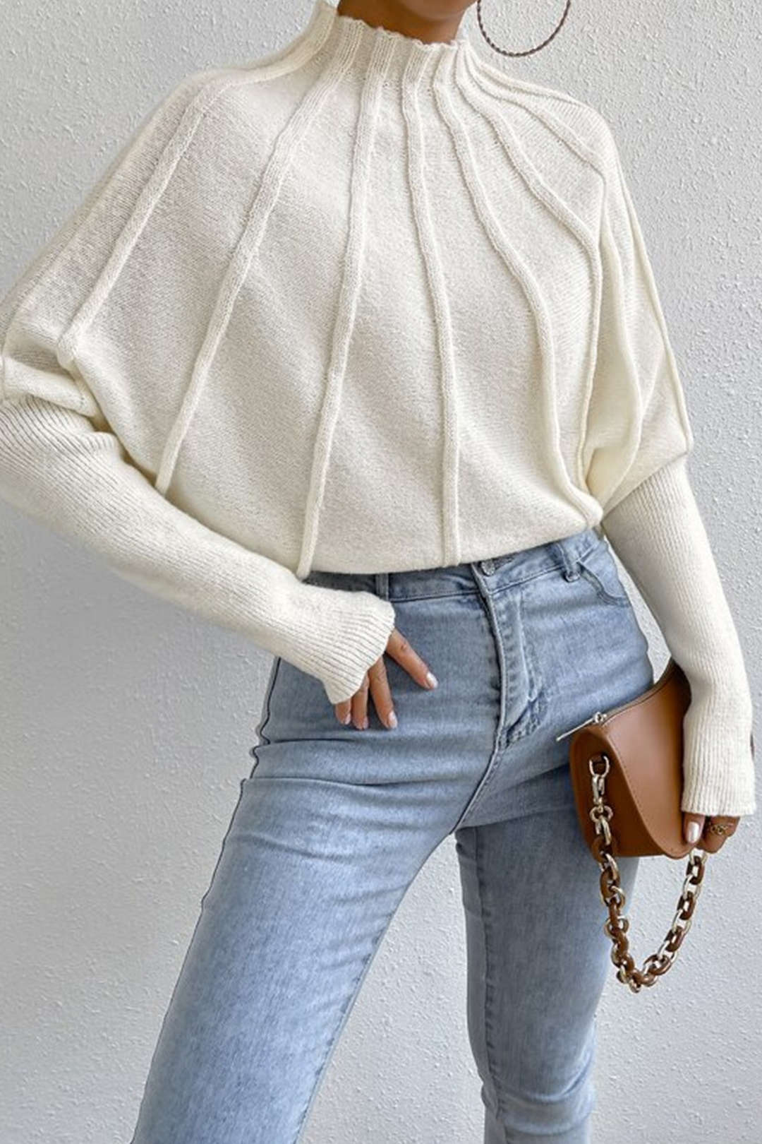 Color Mock Neck Textured Batwing Sleeve Sweater