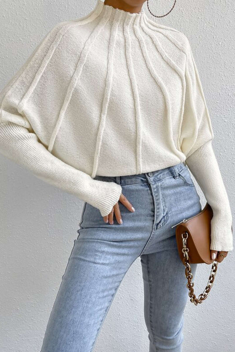 Color Mock Neck Textured Batwing Sleeve Sweater