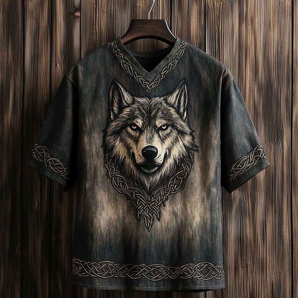 Men's Viking Celtic Wolf Art Linen T-shirt elevenforest