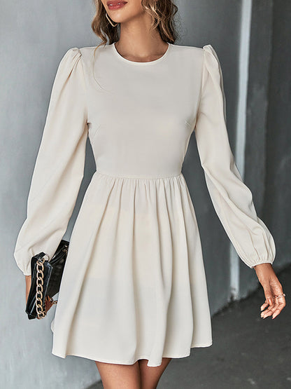 A-line Bishop Sleeve Backless Elasticity Hollow Pleated Color Tied Round-neck Mini Dresses