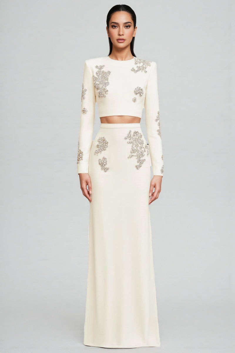Sebast White Diamond-studded Maxi Dress Set