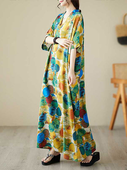 Batwing Sleeves Half Sleeves Contrast Color Polka-dot V-neck Maxi Dresses
