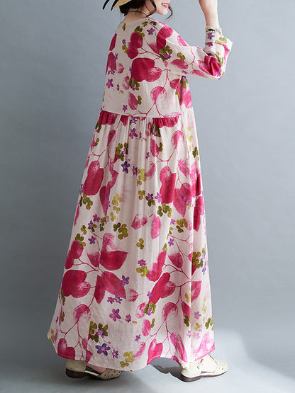 Long Sleeves Loose Flower Print Split-joint Round-neck Midi Dresses
