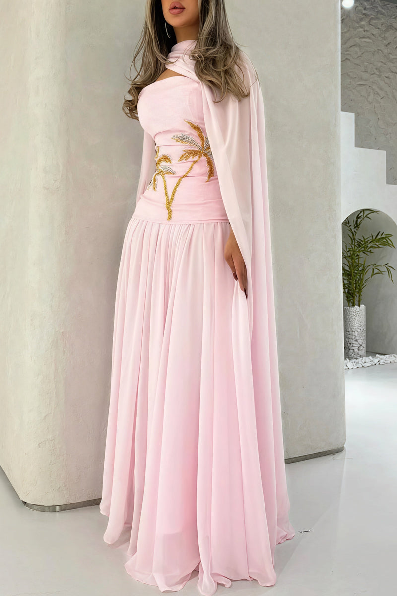 Chiffon Cape Beaded Maxi Dress