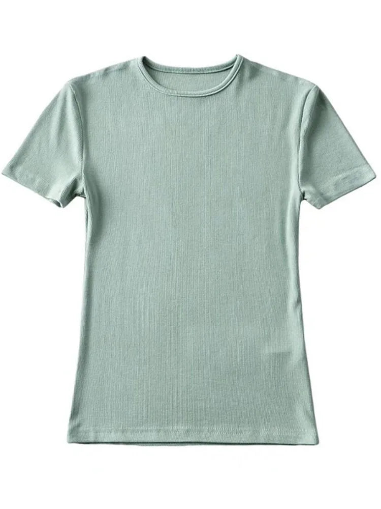 Summer Woman Skinny Fit T-shirt Tight Short-sleeve O-neck Tee Basic Crop Tops T Shirt