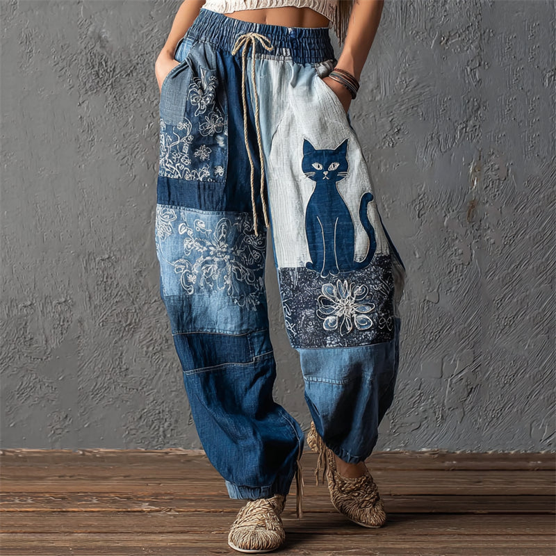 Vintage Cat Floral Fiber Art Patchwork Flowy Linen Pants elevenforest