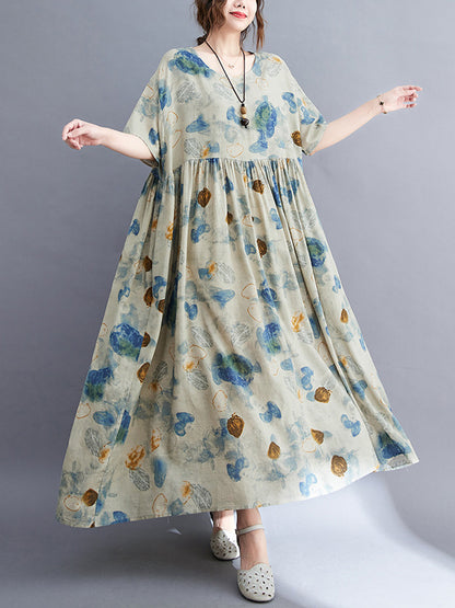 Artistic Retro Loose Printed Pleated Vacation Midi Dress