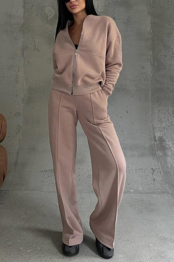 Color Long Sleeve Zipper Jacket and Elastic Waist Pocket Wide Leg Pants Set