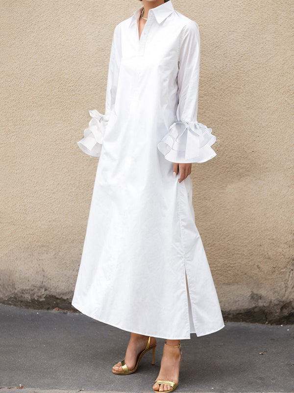 A-line Flared Sleeves Buttoned Color Split-joint Split-side Lapel Maxi Dresses