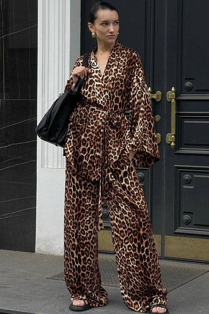 Printed Long-sleeve Shirt Belted Wide-leg Pants Two Piece Set