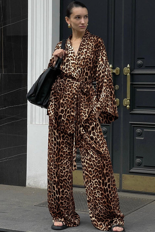 Printed Long-sleeve Shirt Belted Wide-leg Pants Two Piece Set