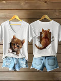 Women's Animal Print Cat Short Sleeve V Neck T-shirt