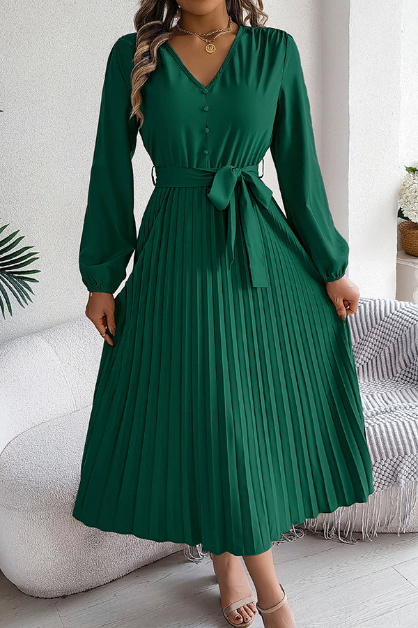 Color V-neck Buttoned Lace-up Pleated Maxi Dress