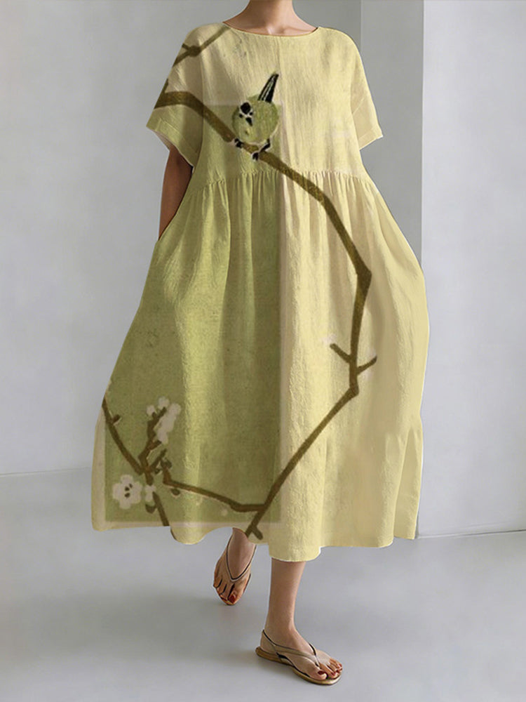 Japanese Style Magpie Perched On A Tree Branch Round Neck Casual Dress elevenforest