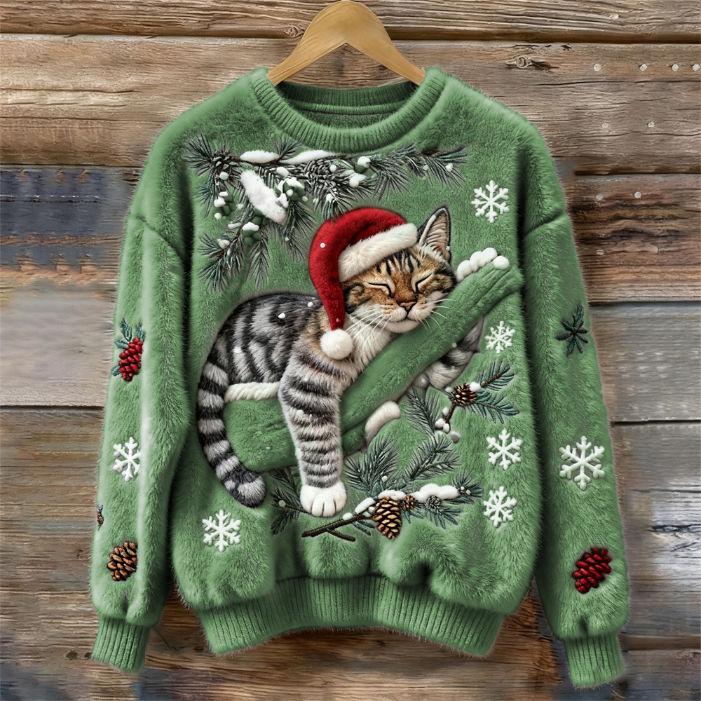 Comstylish Christmas Lazy Cat Art Women's Cozy Plush Sweater